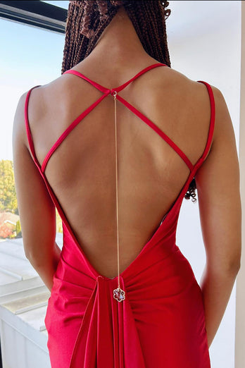 Red Mermaid Spaghetti Straps Long Corset Prom Dress With Slit
