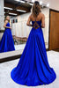 Load image into Gallery viewer, Royal Blue Satin A-Line Appliques Prom Dress with Slit