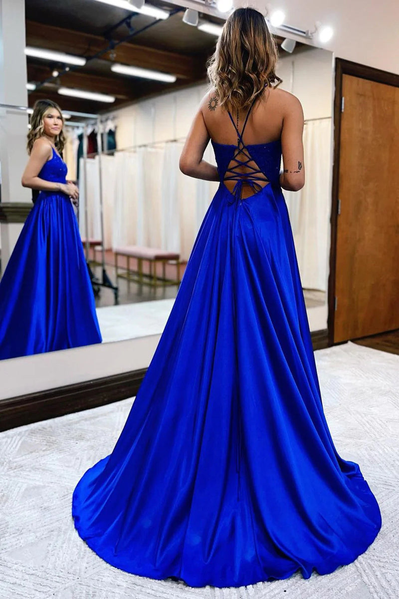 Load image into Gallery viewer, Royal Blue Satin A-Line Appliques Prom Dress with Slit