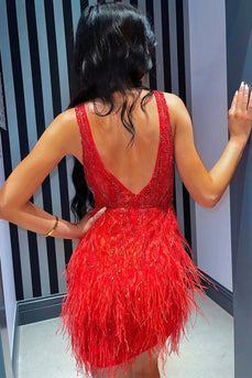 Red V-Neck Sequined Bodycon Homecoming Dress with Feathers