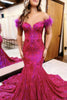 Load image into Gallery viewer, Hot Pink Sparkly Off the Shoulder Long Prom Dress with Feathers