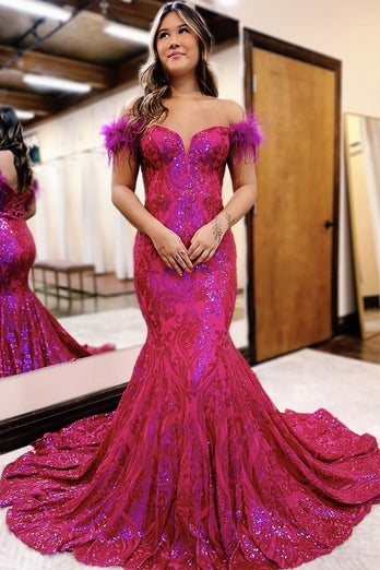 Hot Pink Sparkly Off the Shoulder Long Prom Dress with Feathers