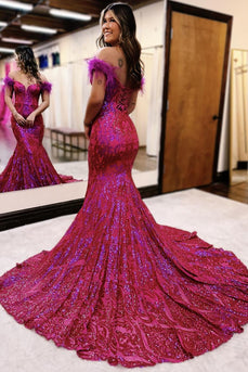 Hot Pink Sparkly Off the Shoulder Long Prom Dress with Feathers