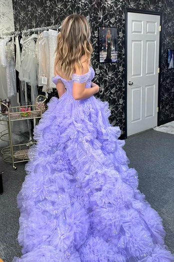 Princess A Line Off the Shoulder Lilac Corset Prom Dress with Ruffles