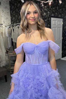 Princess A Line Off the Shoulder Lilac Corset Prom Dress with Ruffles