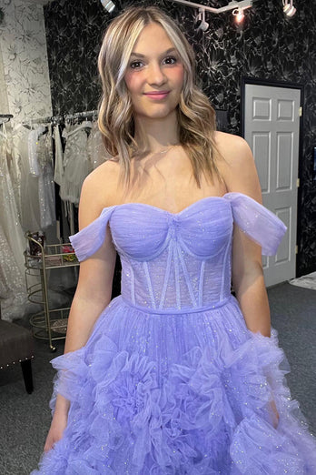 Princess A Line Off the Shoulder Lilac Corset Prom Dress with Ruffles