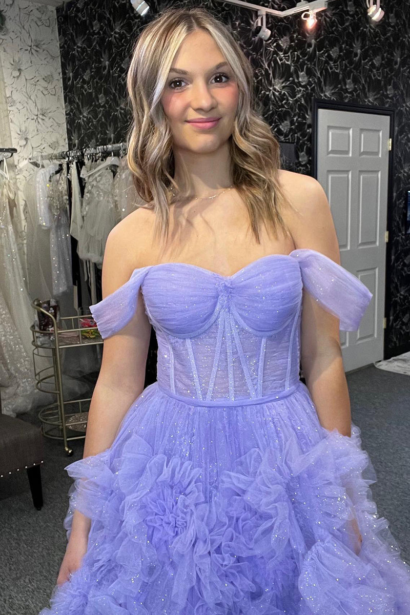 Load image into Gallery viewer, Princess A Line Off the Shoulder Lilac Corset Prom Dress with Ruffles