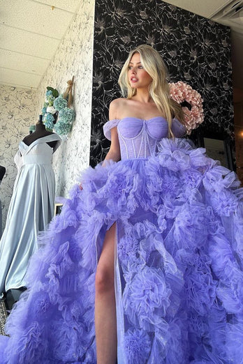 Princess A Line Off the Shoulder Lilac Corset Prom Dress with Ruffles