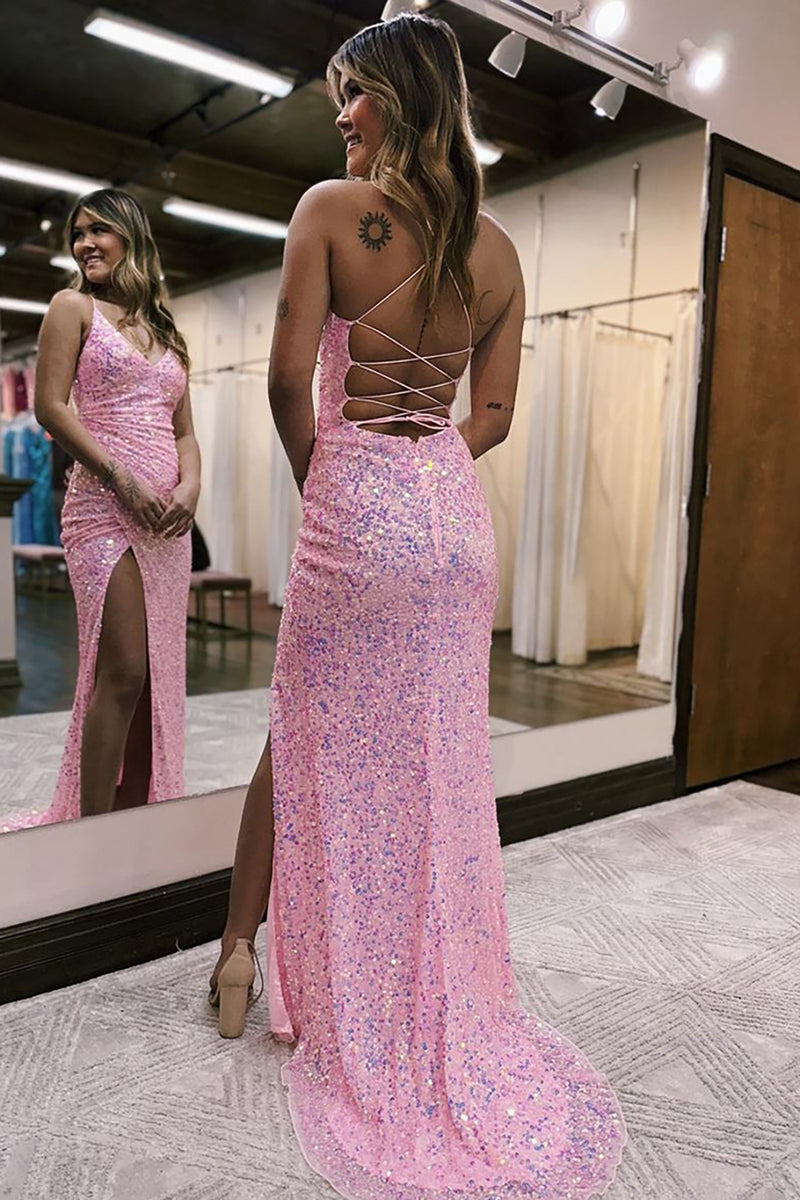 Load image into Gallery viewer, Pink Spaghetti Straps Sparkly Sequins Long Prom Dress with Slit