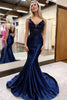 Load image into Gallery viewer, Navy Corset Mermaid Long Prom Dress with Lace Appliques