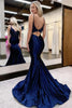 Load image into Gallery viewer, Navy Corset Mermaid Long Prom Dress with Lace Appliques