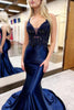 Load image into Gallery viewer, Navy Corset Mermaid Long Prom Dress with Lace Appliques