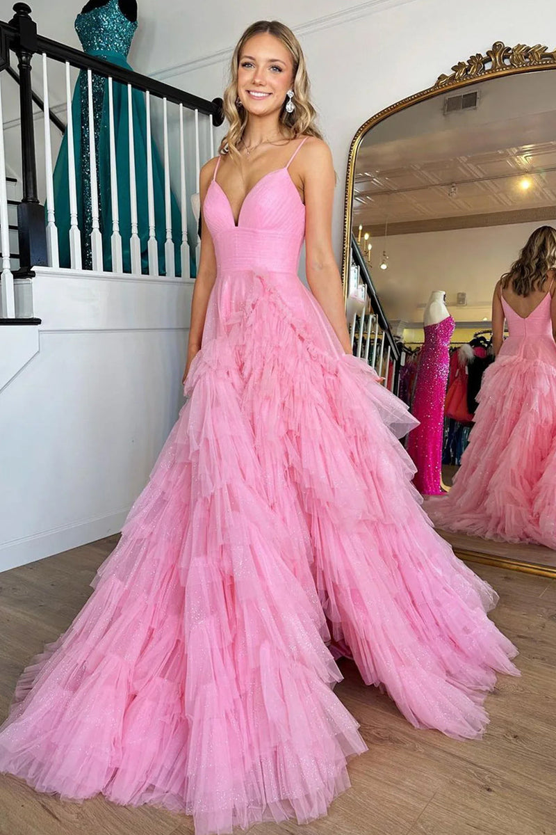 Load image into Gallery viewer, Pink A-Line Deep V Neck Tiered Long Prom Dress With Slit