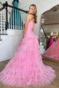 Load image into Gallery viewer, Pink A-Line Deep V Neck Tiered Long Prom Dress With Slit