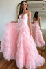 Load image into Gallery viewer, Pink A-Line Deep V Neck Tiered Long Prom Dress With Slit