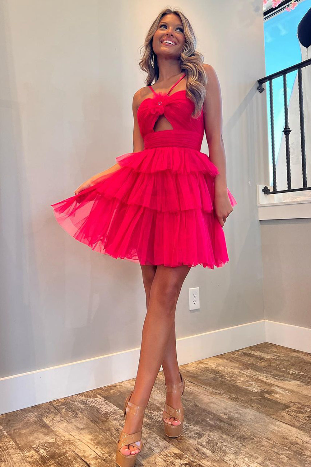 Fuchsia Spahgetti Straps Tiered Tulle Homecoming dress with keyhole