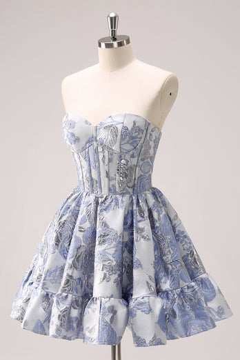 Sweetheart A-Line Blue Corset Homecoming Dress with Ruffles