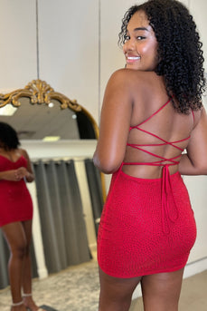 Red Spaghetti Straps Tight Homecoming Dress with Cross Back