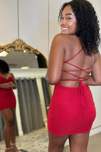 Red Spaghetti Straps Tight Homecoming Dress with Cross Back