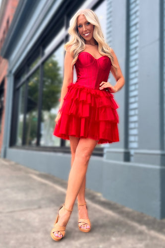 A-Line Red Sweetheart Corset Tiered Homecoming Dress
