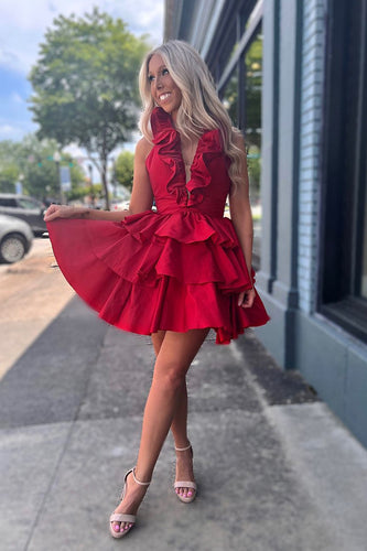Red A-Line Strapsless Tiered Homecoming Dress with Ruffles