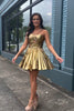 Load image into Gallery viewer, Spaghetti Straps Gold A-Line Pleated Homecoming Dress