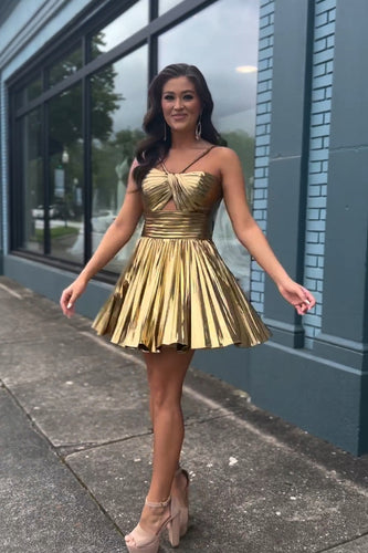 Spaghetti Straps Gold A-Line Pleated Homecoming Dress