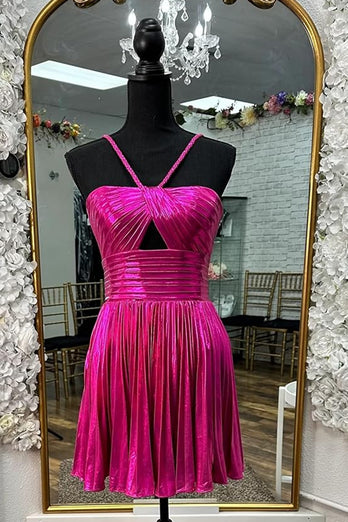 Golden Spaghetti Straps A-Line Pleated Homecoming Dress