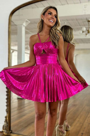 Golden Spaghetti Straps A-Line Pleated Homecoming Dress