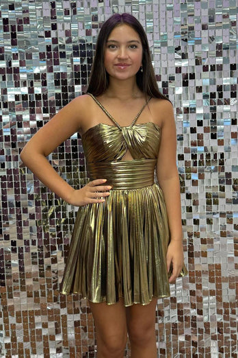 Golden Spaghetti Straps A-Line Pleated Homecoming Dress