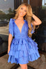 Load image into Gallery viewer, A-Line Blue V-Neck Tiered Homecoming Dress with Short Sleeves