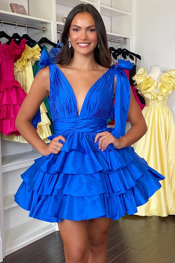 A-Line Blue V-Neck Tiered Homecoming Dress with Short Sleeves