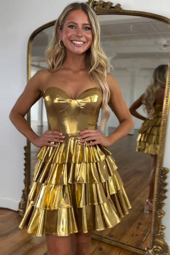 Golden A-Line Sweetheart Tiered Homecoming Dress