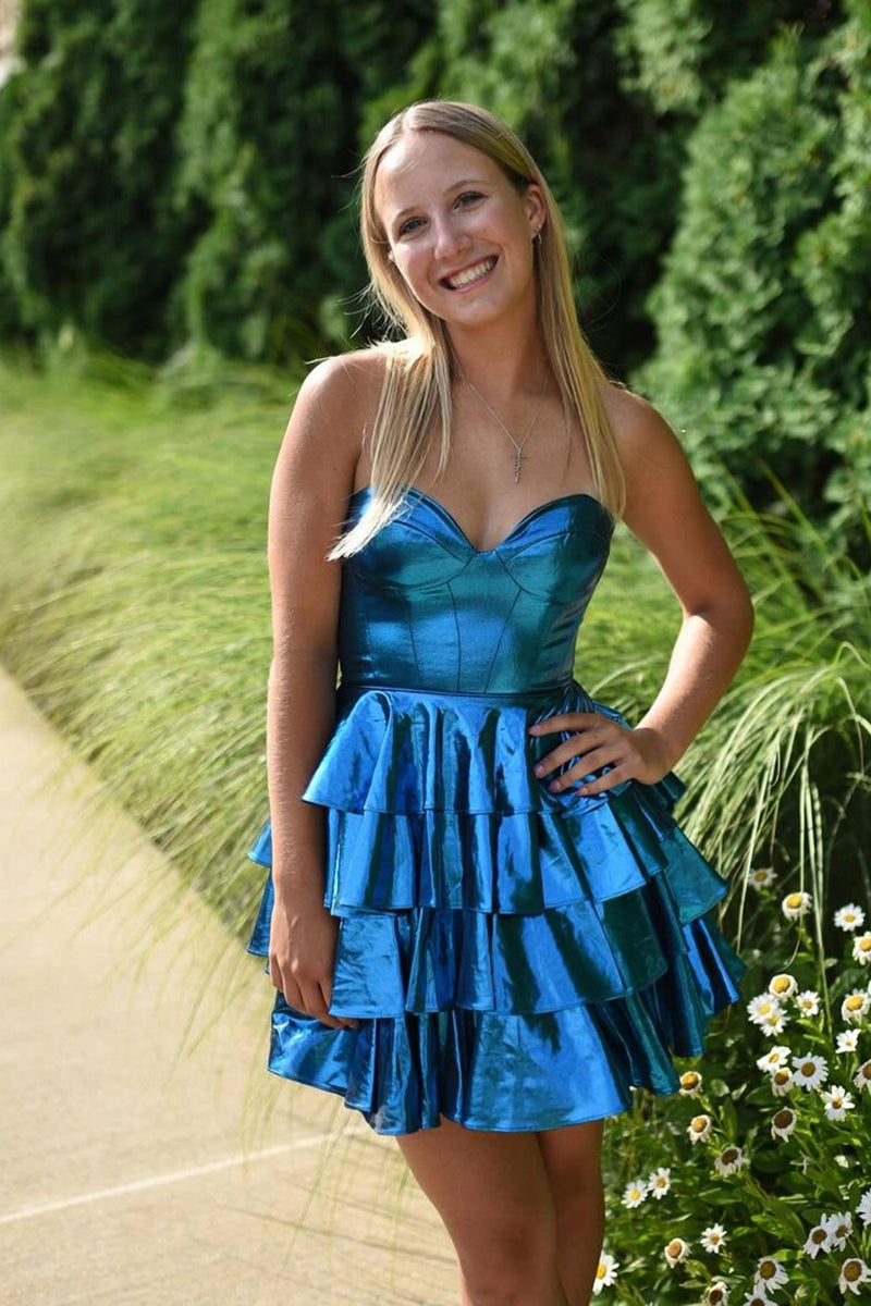 Load image into Gallery viewer, Golden A-Line Sweetheart Tiered Homecoming Dress