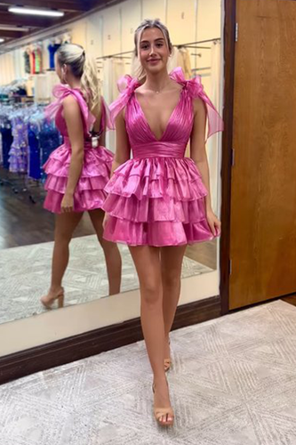 A-Line Pink V-Neck Tiered Short Homecoming Dress