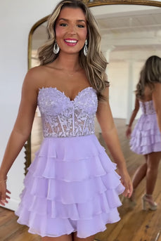 Lilac Sweetheart Corset tiered Homcoming Dress with Appliques