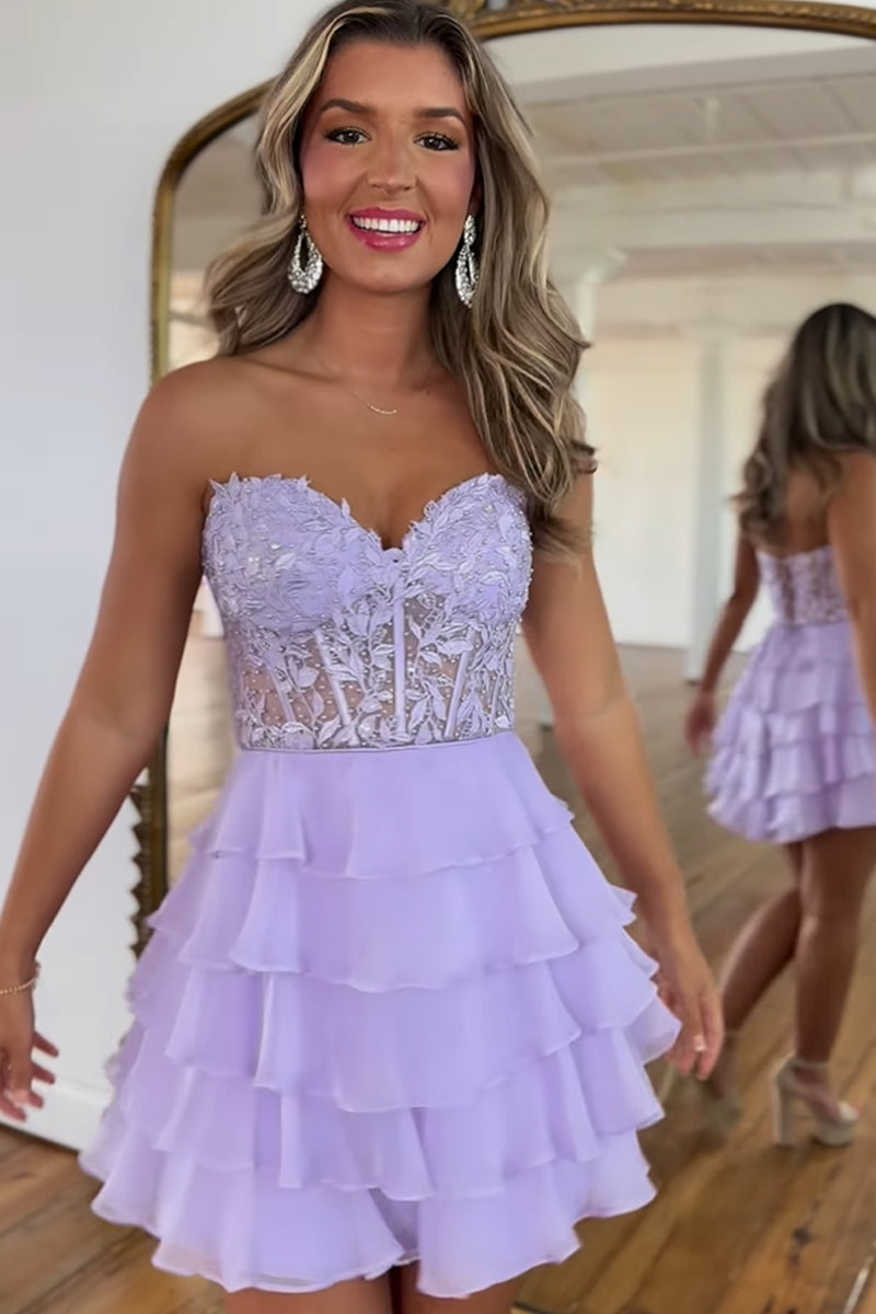 Load image into Gallery viewer, Lilac Sweetheart Corset tiered Homcoming Dress with Appliques