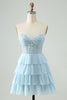 Load image into Gallery viewer, Sweetheart Light Blue Corset Short Homcoming Dress with Appliques