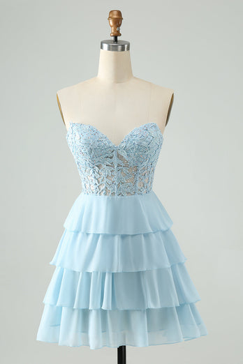 Sweetheart Light Blue Corset Short Homcoming Dress with Appliques