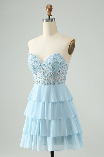 Sweetheart Light Blue Corset Short Homcoming Dress with Appliques