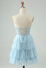 Load image into Gallery viewer, Sweetheart Light Blue Corset Short Homcoming Dress with Appliques