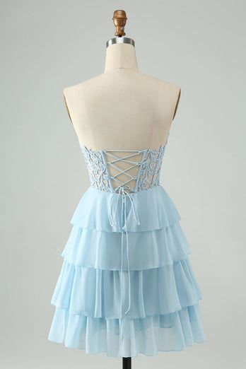 Sweetheart Light Blue Corset Short Homcoming Dress with Appliques