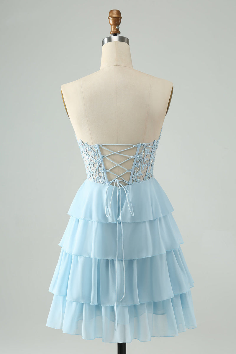 Load image into Gallery viewer, Sweetheart Light Blue Corset Short Homcoming Dress with Appliques