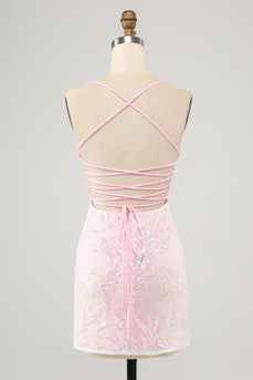 Sparkly Spaghetti Straps Pink Tight Homecoming Dress with Sequins