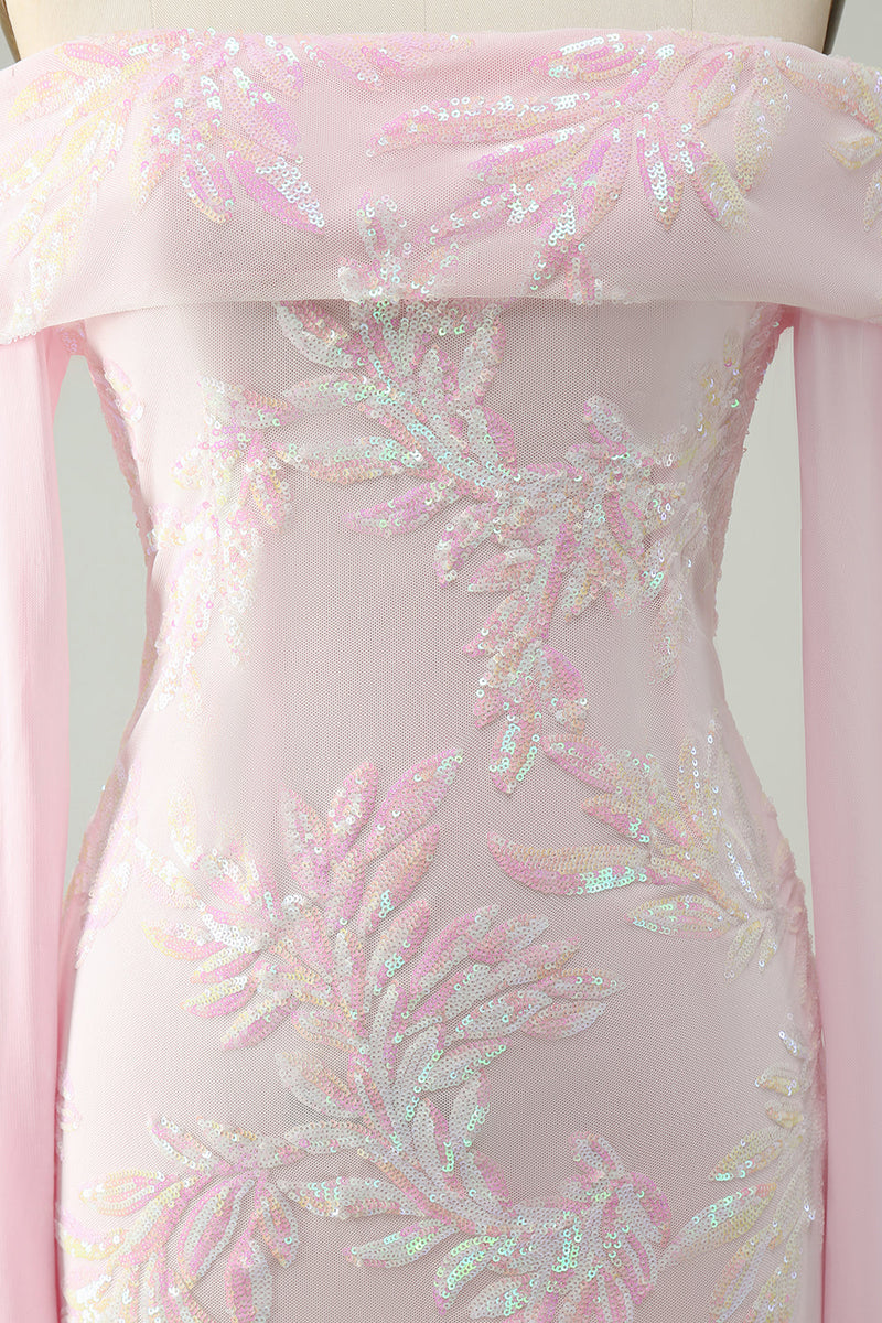 Load image into Gallery viewer, Sparkly Pink Off The Shoulder Sequined Homecoming Dress with Long Sleeves