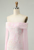 Load image into Gallery viewer, Sparkly Pink Off The Shoulder Sequined Homecoming Dress with Long Sleeves