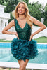 Load image into Gallery viewer, Sparkly Dark Green V-Neck Tight Short Homecoming Dress with Detachable Ruffles