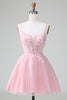 Load image into Gallery viewer, Blush A-Line Spaghetti Straps Tulle Homecoming Dress mit Appliques