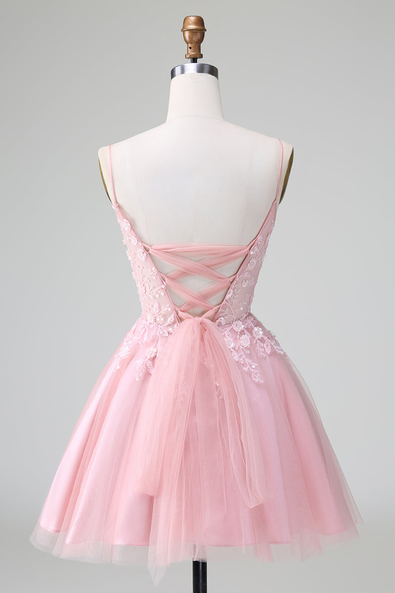 Load image into Gallery viewer, Blush A-Line Spaghetti Straps Tulle Homecoming Dress mit Appliques