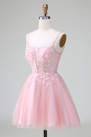Blush A-Line Spaghetti Straps Tulle Homecoming Dress mit Appliques